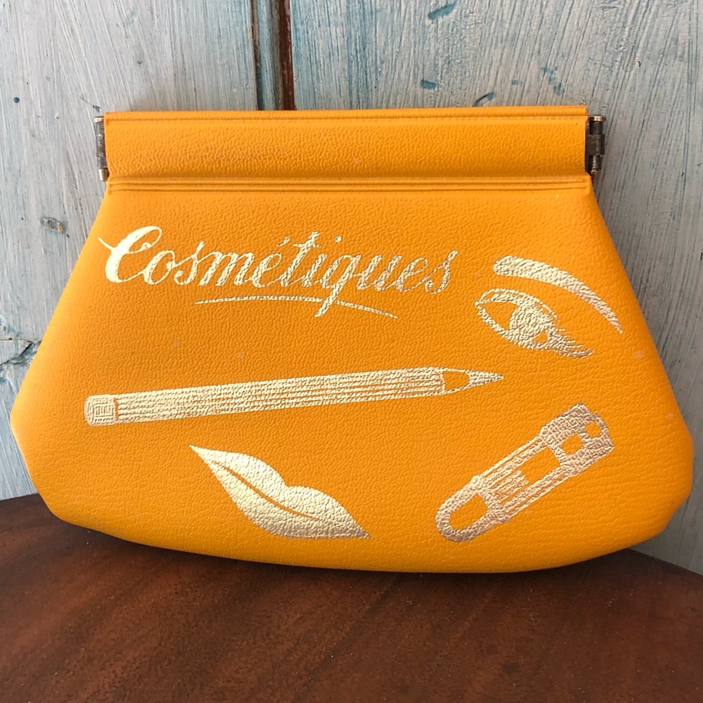 Vintage 1950’s “cosmetiques” mustard pouch for purse w/silver script & pictures